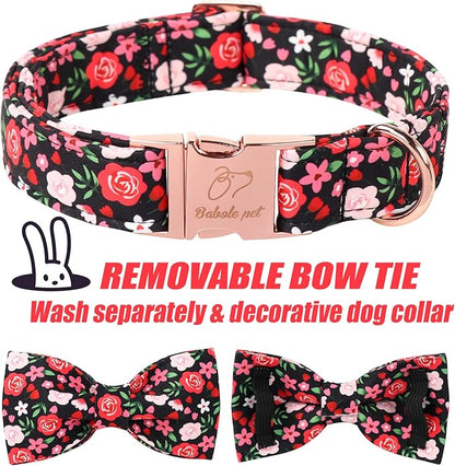 Floral Dog Collar with Bow Tie - Rose Red Wild Flowers Pattern Bowtie Puppy Collar, Adjustable Winter Heavy Duty Dog Collars for Small Medium Large Dogs S