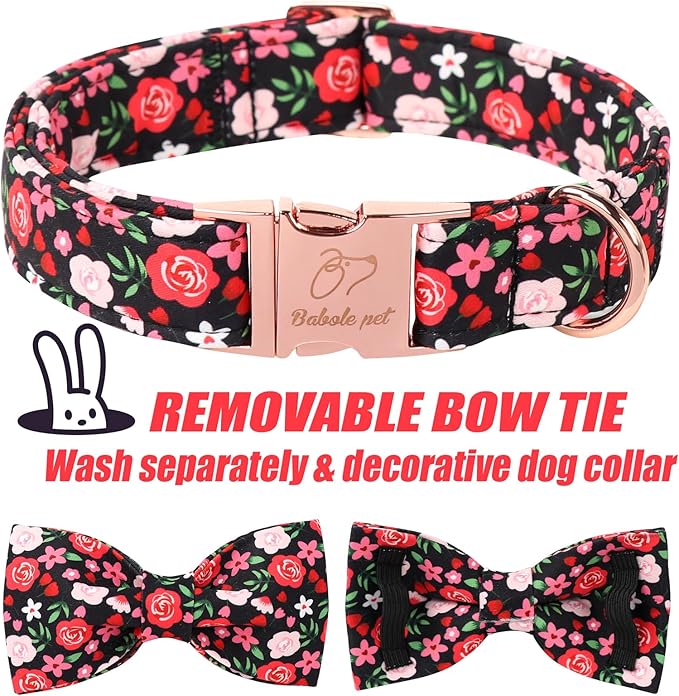 Floral Dog Collar with Bow Tie - Rose Red Wild Flowers Pattern Bowtie Puppy Collar, Adjustable Winter Heavy Duty Dog Collars for Small Medium Large Dogs M