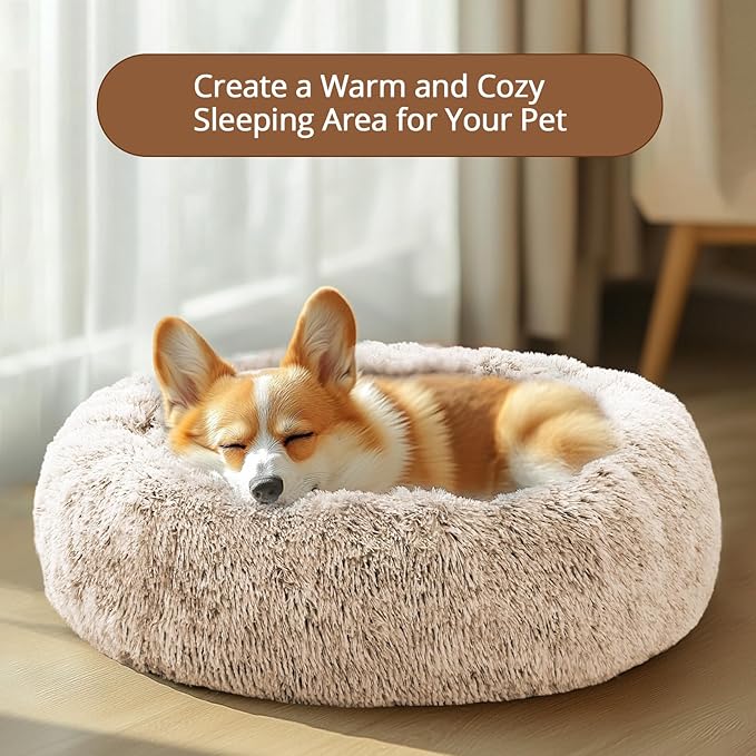 JOLLYVOGUE Calming Dog Bed Large Size Dog, Anti-Anxiety Donut Large Pet Bed, 36 inches Fluffy Faux Fur Round Cat Bed, Fits up to 75 lbs Pets (Cream Brown)