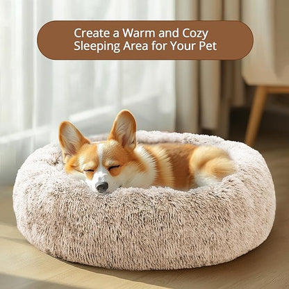 JOLLYVOGUE Calming Dog Bed Large Size Dog, Anti-Anxiety Donut Large Pet Bed, 36 inches Fluffy Faux Fur Round Cat Bed, Fits up to 75 lbs Pets (Cream Brown)