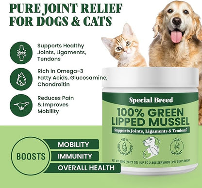 Green Lipped Mussel Powder for Dogs & Cats - 100% New Zealand Green Lipped Mussels - Natural Hip & Joint Supplement for Joints, Tendons, Ligaments, Muscles - 800 Grams (Pack of 2)