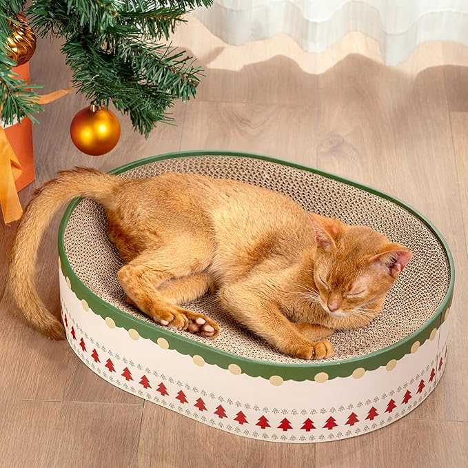 Conlun Cat Scratcher Bed, 2 in 1 Oval Cat Scratching Board for Indoor Kitty Scratch Pad Corrugated Cardboard Lounge Bowl Nest Couch Sofas for Kittens, Includes Cat Toy, Christmas