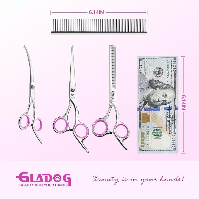 GLADOG Professional 5 in 1 Dog & Cat Grooming Scissors Set with Safety Round Tips, Sharp and Heavy-duty Pet Grooming Shears for Cats (Red)