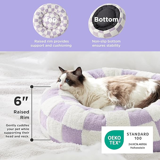LE SURE Cat Beds for Indoor Cats - Round Donut Small Dog Bed Calming Gift for Pets, Cute Modern Beds with Jacquard Shaggy Plush & Anti Slip Bottom, 20 Inch, Purple