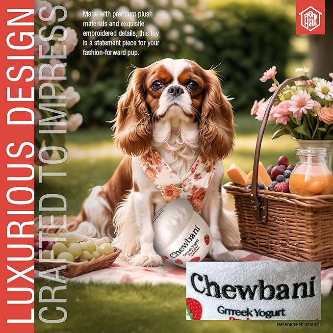 Chomp Haus Chewbani Grrreek Yogurt – Luxurious Plush Dog Toy with Squeaker, Premium Fabric, Embroidered Details, Designer-Inspired Chew Toy, Fun Gift for Small to Medium Dogs & Dog Lovers