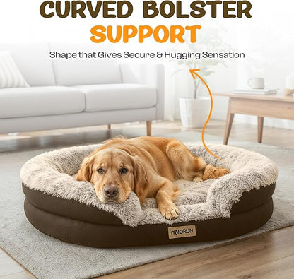Miorun Fluffy Orthopedic Dog Bed for Small & Medium Dogs, Calming Plush Sofa Bed with Curved Bolster Support and Egg-Crate Foam Base, 35" Cozy Oval Pet Donut Bed with Washable Cover, Coffee