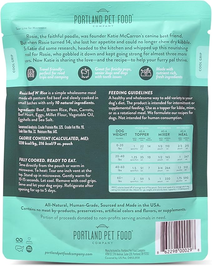 Portland Pet Food Company Fresh Dog Food Pouches - Human-Grade Toppers Wet Pet Meal & Mixers - Small & Large Breed Puppy & Senior Dogs - Gluten-Free, Limited Ingredient Salmon & Beef - 8 Pack Variety