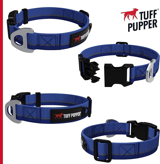 Tuff Pupper Heavy Duty Dog Collar | Tough Dogs Collar | Reflective Collars with Aluminum D-Ring Leash Clip | Separate ID Tag Attachment Keeps Engraved Dog Tags Quiet | Easy Sizing for All Breeds