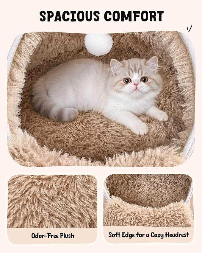 BurgeonNest 20-Inch Round Cat Bed Cave, Enclosed Hooded Pet Bed for Indoor Cats, Cozy Anti-Collapse Cave with Soft Plush, Waterproof EVA Shell, Fully Washable, Shape Retention, Brown