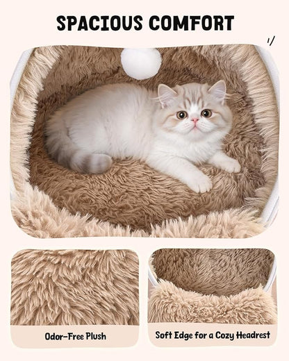 BurgeonNest 20-Inch Round Cat Bed Cave, Enclosed Hooded Pet Bed for Indoor Cats, Cozy Anti-Collapse Cave with Soft Plush, Waterproof EVA Shell, Fully Washable, Shape Retention, Brown