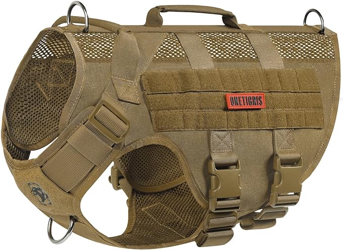 OneTigris No Pull Tactical Dog Harness for Medium Large Dog, Mesh Design Breathable Service Dog Vest with Handle, Military Dog Vest Harness with Molle Panels for Walking Hiking Training (XL, Brown)
