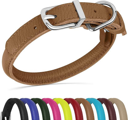 OOPSDOGGY Rolled Leather Dog Collar Soft Roll Collars for Small Medium Large Dogs Puppy (Brown, XS, 8"-11")