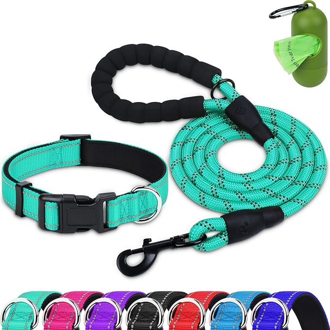 Dynmeow Reflective Dog Collar and Leash Set, 6FT Strong Climbing Rope Leash with Padded Handle, Adjustable Pet Collar with Soft Neoprene Padding for Small Medium Dogs, Teal, S