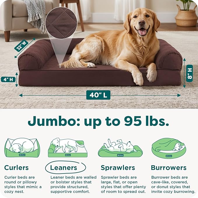 FurHaven Classic Sofa Orthopedic Dog Bed for Large Dogs With Orthopedic Egg Crate with a Solid Orthopedic Foam Base for Joint Support, Removable Washable Cover, Jumbo XL, Quilted Sofa, Coffee