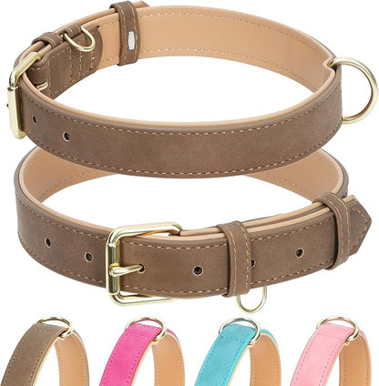 Leather Dog Collar for Small Dogs, Soft Padded Dog Leather Collar with Heavy Duty Gold Buckle, Durable & Comfortable, Brown, S