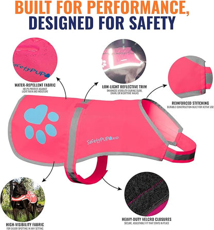 SafetyPUP XD Dog Reflective Vest – Hi-Vis Fluorescent Visibility That Helps to Safeguard Your Pet On/Off Leash in Urban & Rural Areas (Pink, Medium)