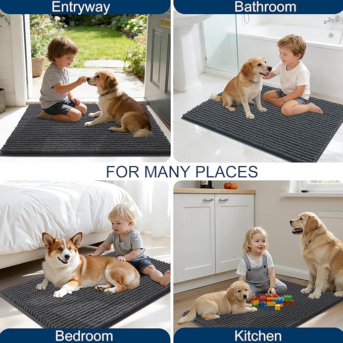 OLANLY Dog Door Mat for Muddy Paws 36x24, Ultra Absorbent Chenille Mud Doormat, Non-Slip Washable and Dirt Trapping Doormat for Indoor Entryway, Quick-Dry Indoor Pet Bed Mats for Dogs, Dark Grey