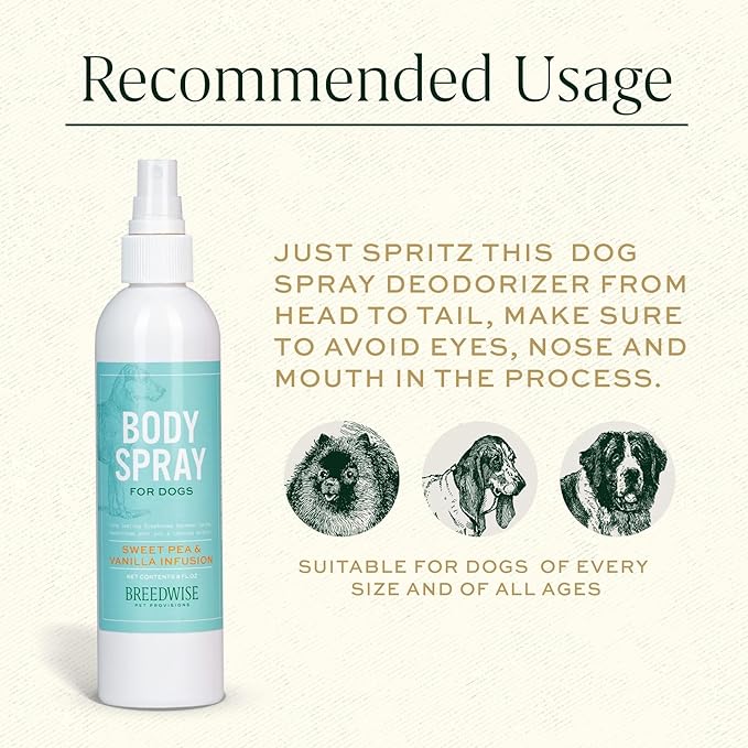 Dog Deodorizing Spray | Odor-Neutralizing Freshening Body Mist with Sweet Pea & Vanilla | Safe for Daily Use | 8oz Bottle - Made in USA - Breedwise