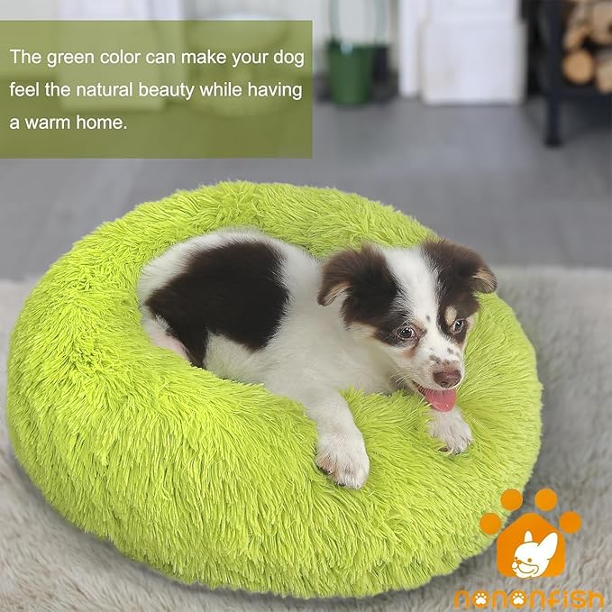 Calming Donut Dogs Beds for Small Dogs Washable,19inch Fluffy Round Puppy Bed for Puppies,Cats & Toy Breeds with Raised Rim,Fits up to 15 lbs Pets,Green