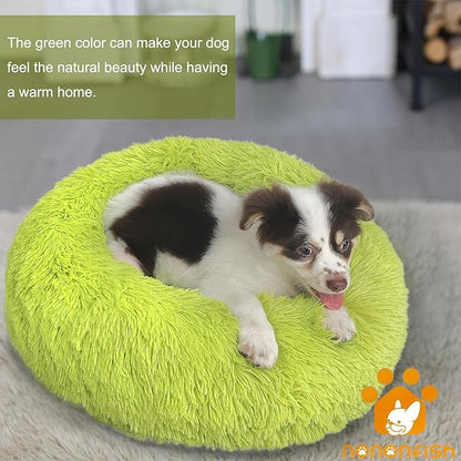 Calming Donut Dogs Beds for Small Dogs Washable,19inch Fluffy Round Puppy Bed for Puppies,Cats & Toy Breeds with Raised Rim,Fits up to 15 lbs Pets,Green