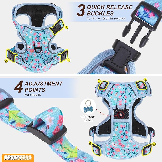 BEAUTYZOO No Pull Dog Harness Large, Adjustable Dog Harness and Leash Set -Easy Wearing with 3 Buckles/Control Handle,No Choke Soft Padded Reflective Pet Vest for Training Walking Hiking,Blue L