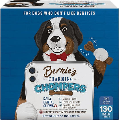 Bernie's Charming Chompers - Daily Dental Chews for Dogs - Cleans Teeth, Freshens Breath, + Boosts Oral-Gut Microbiome. Easy to Digest, Supports Healthy Digestion Naturally (36 oz, Tiny Dogs)