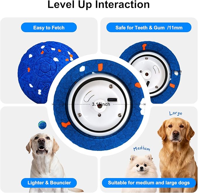 JEISOTHB Interactive Dog Toys Dog Ball, Durable E-TPU Material,3 Play Modes with Colorful Lights, Automatic Moving, Bouncing and Rotating for Medium and Large Dogs Indoor & Outdoor (Blue)