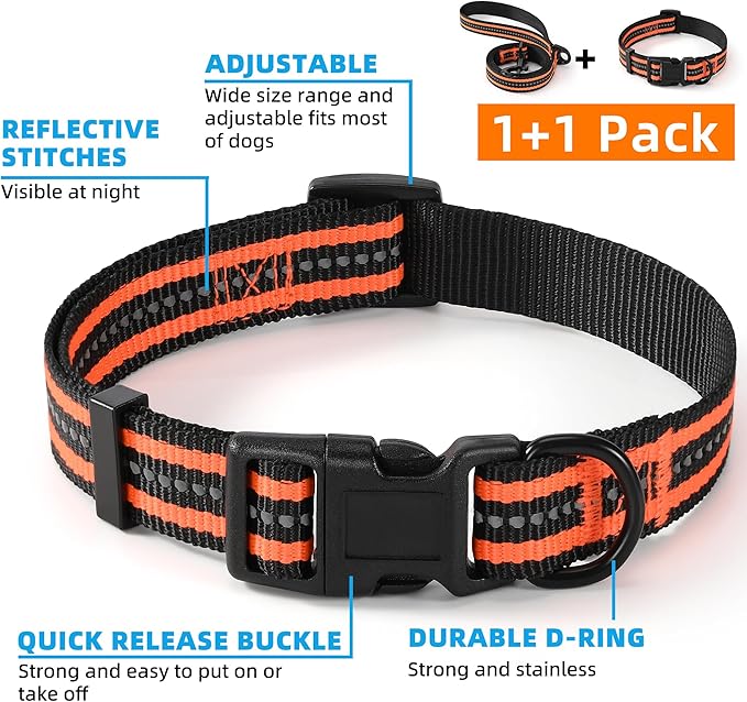 Mile High Life Reflective Dog Collar & Leash Set - Orange, Medium (Pack of 2)