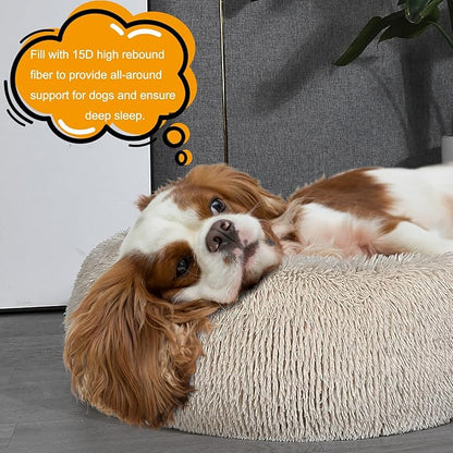 Calming Donut Dogs Beds for Small Dogs Washable,28inch Plush Round Pet Bed for Cozy Sleep,Fluffy Faux Fur Large Cat Bed,Fits up to 30 lbs Pets,Beige