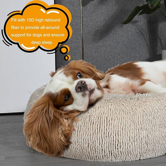 Calming Donut Dogs Beds for Small Dogs Washable,28inch Plush Round Pet Bed for Cozy Sleep,Fluffy Faux Fur Large Cat Bed,Fits up to 30 lbs Pets,Beige
