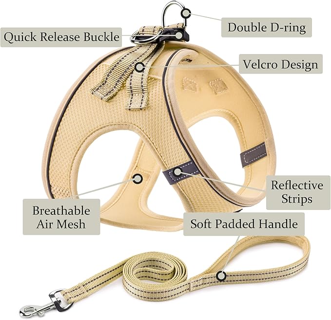 Dog Harness with Leash Set, No Pull Adjustable Reflective Step-in Puppy Pet Vest Harnesses for Small Medium Large Dogs and Cats,Beige S