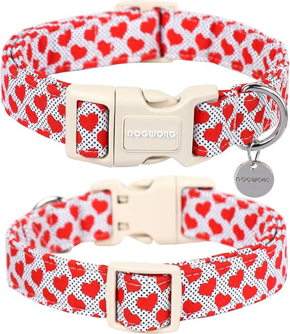 DOGWONG Valentine's Dog Collar - Red Heart Adjustable Cotton Heart Dog Collar - Perfect for Large Dogs