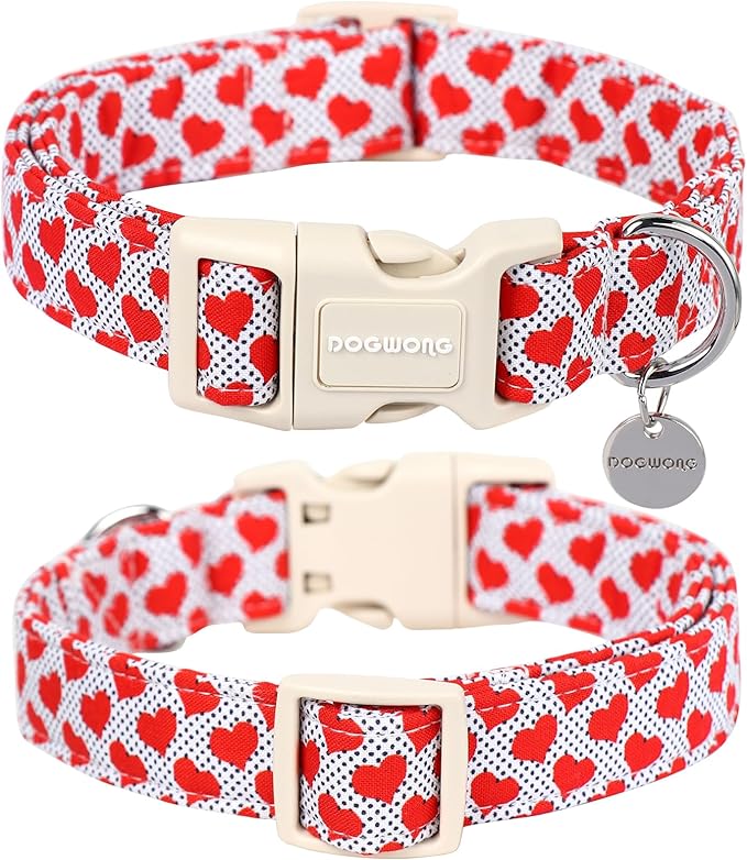 DOGWONG Valentine's Dog Collar - Red Heart Adjustable Cotton Heart Dog Collar - Perfect for Small to Medium Dogs