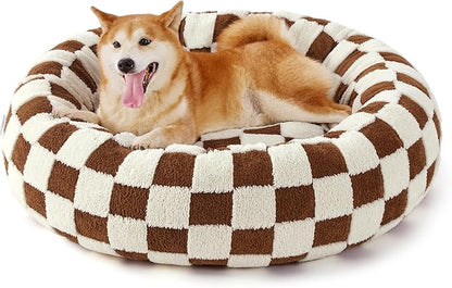 LE SURE Shown on TV Donut Large Dog Bed - Round Cat Beds Indoor Anti-Anxiety Calming Present for Pets, Washable Cute Modern Beds with Jacquard Shaggy Plush & Anti Slip Bottom, 36 Inch, Brown