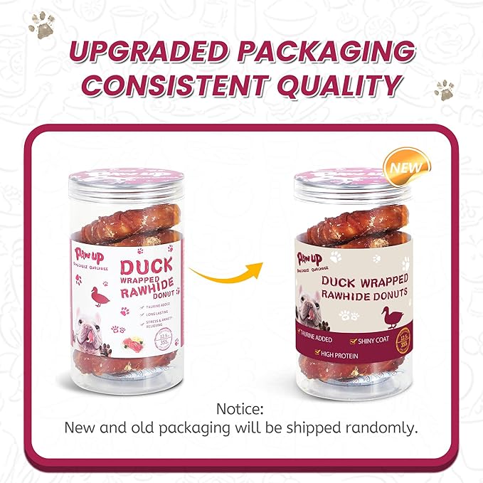 PAWUP Duck Dog Chews, Donut Rawhide Treat, Long Lasting Rawhide Ring, Natural w/Taurine, 12.5oz