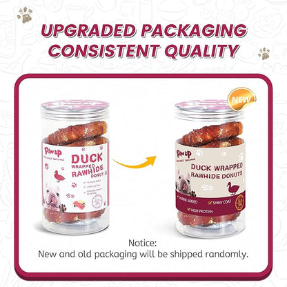PAWUP Duck Dog Chews, Donut Rawhide Treat, Long Lasting Rawhide Ring, Natural w/Taurine, 12.5oz