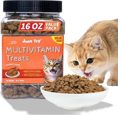 Just Try 16 OZ Daily Vitamins Cat Treats Multivitamin Boost Flavor Healthy Cat Snacks Training Biscuits Health & Energy for Cats