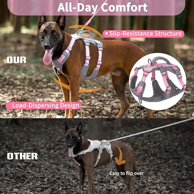 Huntboo Reflective Dog Harness with Handle, Escape Proof, No Slip, Breathable, Lightweight, Adjustable Lift Harness for Small, Medium, and Large Dogs Walking, Training, and Running Gear(Light Pink,L)