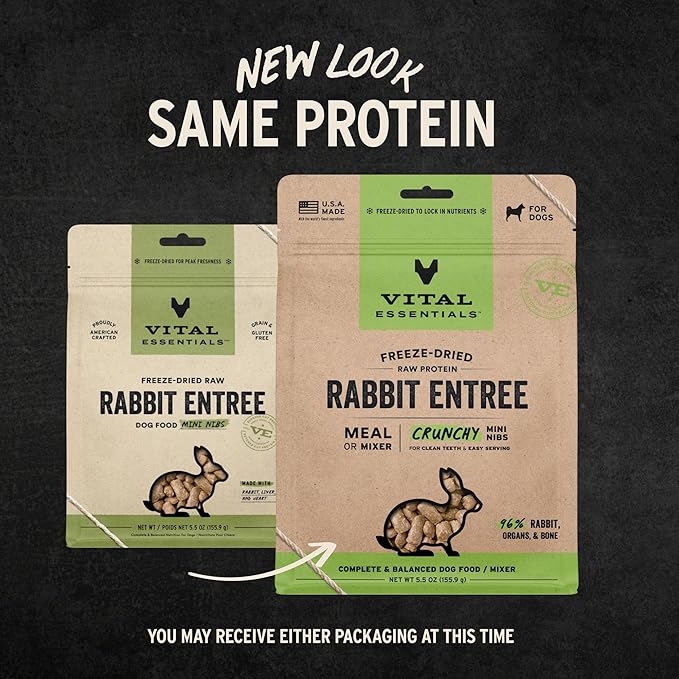 Vital Essentials Freeze-Dried Raw Dog Food, Rabbit Crunchy Mini Nibs | Complete Meal or Mixer | High Protein Dog Food | 5.5 oz