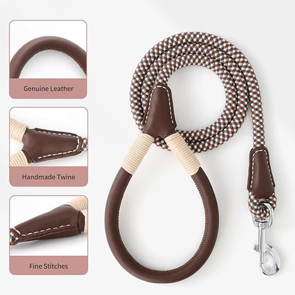 Mile High Life Genuine Leather Wrapped Handle Dog Leash, w Heavy Duty Clasp Rope Leash for Small Medium Large Dogs (Brown, 5FT)