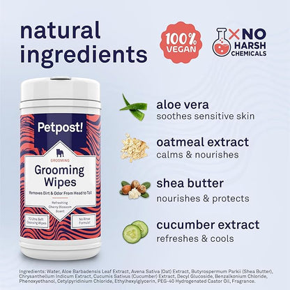 Petpost Large Grooming Wipes for Dogs | 70 Count Deodorizing Dog Cleaning Wipes with Coconut Extract & Aloe | Gentle Pet Wipes with Cherry Blossom Scent for Full-Body Grooming