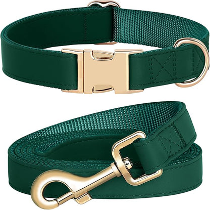 PET ARTIST Soft PU Leather Dog Collar and Leash Set, Bright & Stylish 5FT PU Leather Leash and Collar Set, Durable Pet Collars with Quick Release Metal Buckle for Large Dogs,Christmas Green,L(16-27")