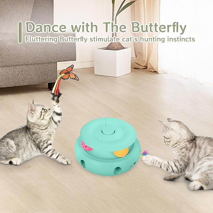 Scsuupoee Cat Toys,3-in-1 Interactive Cat Toys for Indoor Cats,Rechargeable Automatic Interactive Cat Toy with Fluttering Butterfly,Smart Sensor 6 Holes Mice Whack-A-Mole and Track Balls,Blue