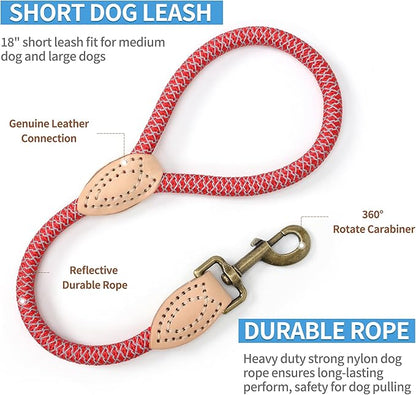 Mile High Life Short Dog Leash, Short Leash for Large Dogs, Reflective Dog Lead with w Leather Tip, Heavy Duty Leash for Large and Medium Dogs Training and Walking(Red, 18 Inch)