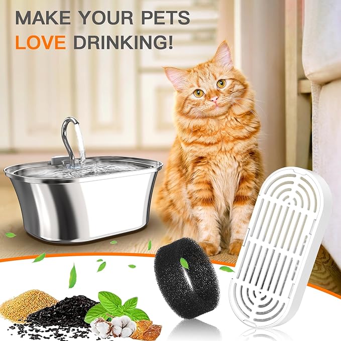 Cat Water Fountain Filters for 108/3.2L& 4L/134oz Stainless Steel Pet Water Dispenser Fountain Filters (6 Filters& 6Sponges)