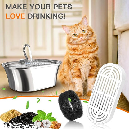Cat Water Fountain Filters for 108/3.2L& 4L/134oz Stainless Steel Pet Water Dispenser Fountain Filters (6 Filters& 6Sponges)
