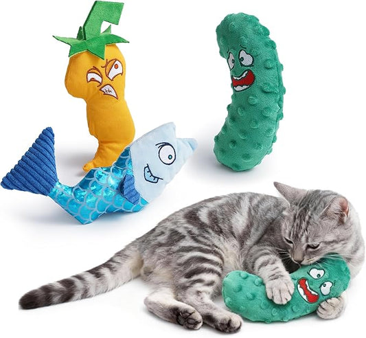PURETOY Catnip Toys Set of 3 – Fish, Chili Pepper and Cucumber Plush Cat Toys for Indoor Cats, Natural Catnip Filled Interactive Chew and Teething Toys for Kittens