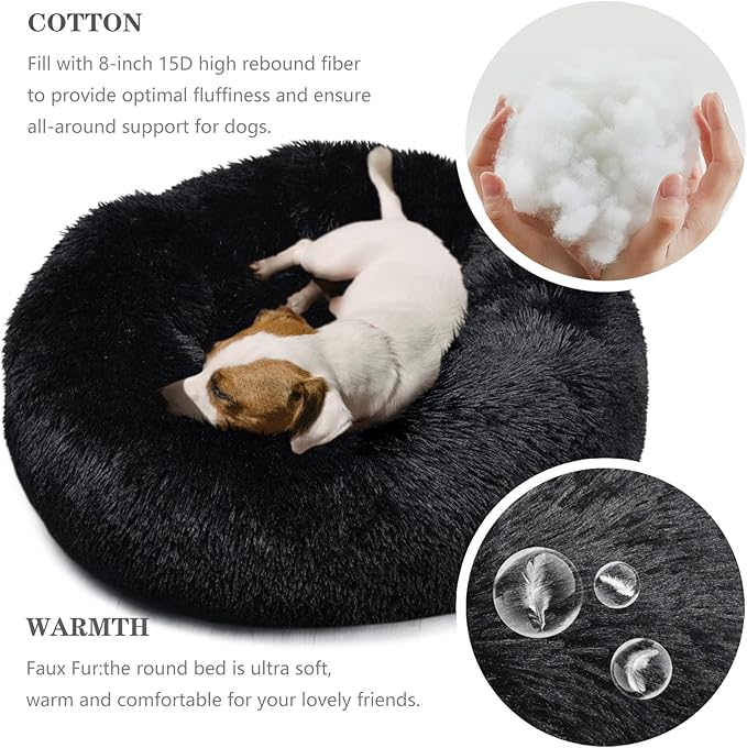 Calming Donut Dogs Beds for Medium Dogs up to 45 lb,30inch Anti-Slip Plush Round Dog Bed with Raised Rim,Fluffy Faux Fur Pet Bed for Cozy Sleep,Black