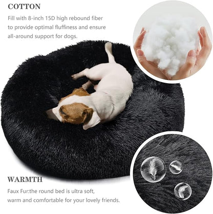 Calming Donut Dogs Beds for Medium Dogs up to 45 lb,30inch Anti-Slip Plush Round Dog Bed with Raised Rim,Fluffy Faux Fur Pet Bed for Cozy Sleep,Black