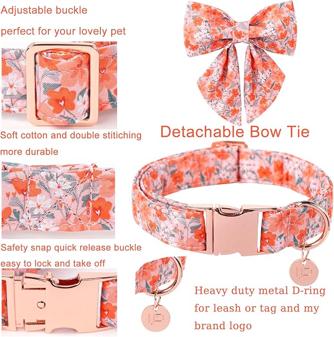 Dog Collar with Bow Tie,UP URARA PUP Orange Flower Bowtie Dog Collar, Summer Bowtie Collar for Puppy Boy Girl Dog, Comfortable Cotton Dog Collar with Metal Buckle,L